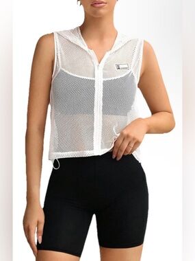 SweatyRocks Fishnet Mesh Hooded Sports Tank Top Zip Up Workout Cover up Top